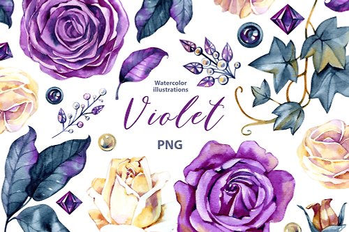 Natali Mias Store Watercolor rose clipart set, 15 Png, violet floral Clipart, dark academy art