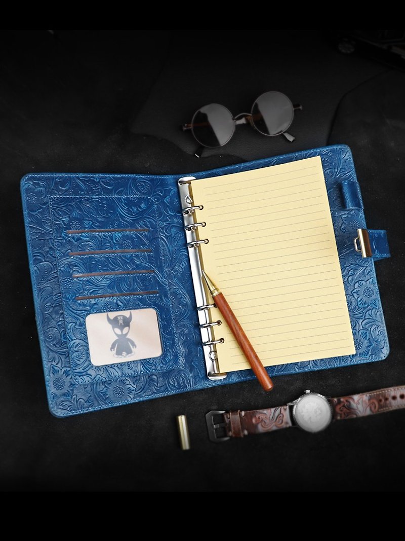 A5 diary plant / cowhide / with combination lock / loose-leaf binder with cover - Notebooks & Journals - Genuine Leather Blue