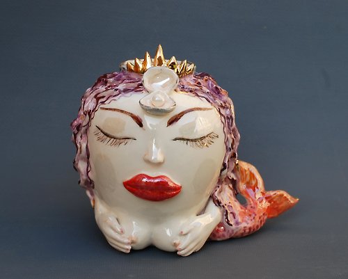 PorcelainShoppe 人魚雕塑花瓶 女士頭像花瓶 手工瓷俑