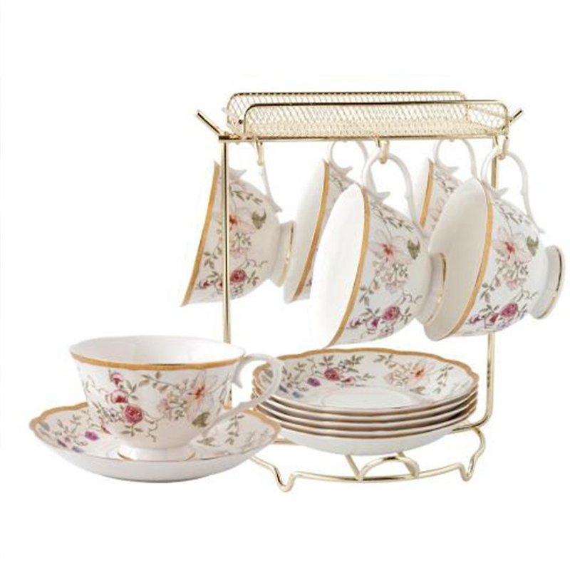 JUST HOME Flower Secret New Bone China Six Cup Plate Set (With Gold Stand) - Teapots & Teacups - Other Materials White