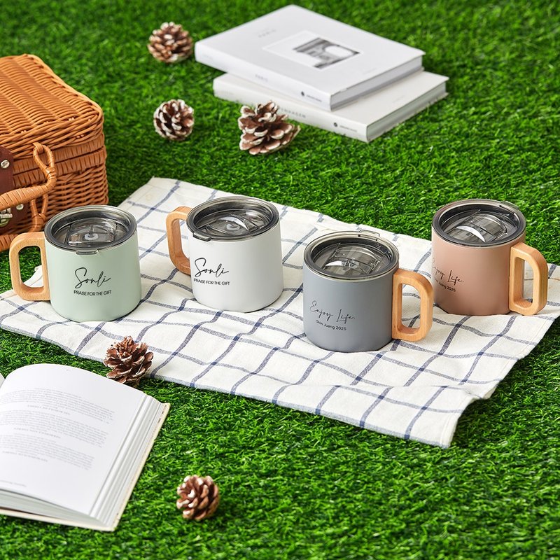 客製化禮品 不鏽鋼木柄馬克杯 含杯蓋 專屬印刷服務 禮物包裝 - 咖啡杯/馬克杯 - 其他金屬 多色