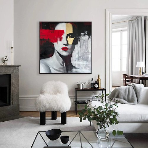 TrendGallery Abstract Female Acrylic Painting Red Lips Wall Art Original Black and White Art