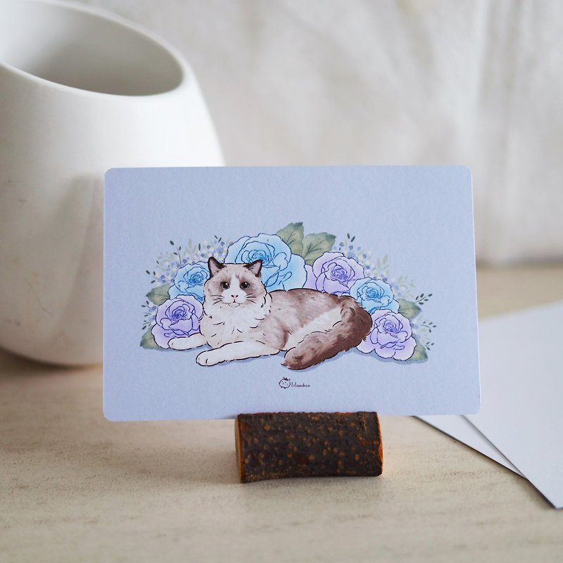 パープルのバラとラグドール猫 ポストカード カード ラグドール猫 かわいい イラスト オリジナル - カード・はがき - 紙 パープル