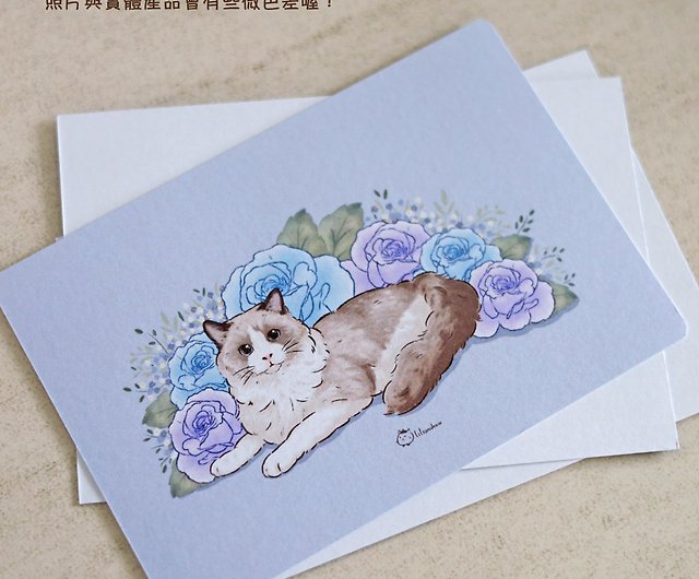パープルのバラとラグドール猫 ポストカード カード ラグドール猫 かわいい イラスト オリジナル