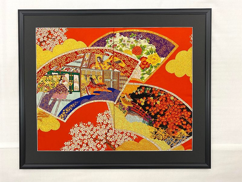 The art panel made from Japanese bride Kimono 61 Auspicious pattern Ougi - ตกแต่งผนัง - ผ้าไหม สีแดง