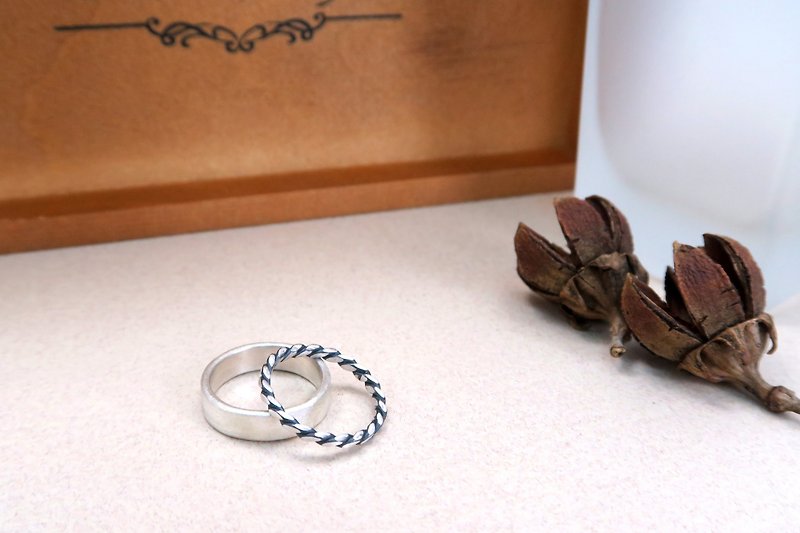 5mm matte texture ring- Silver+thick line ring-two-piece set sterling silver ring - แหวนทั่วไป - เงิน สีเงิน