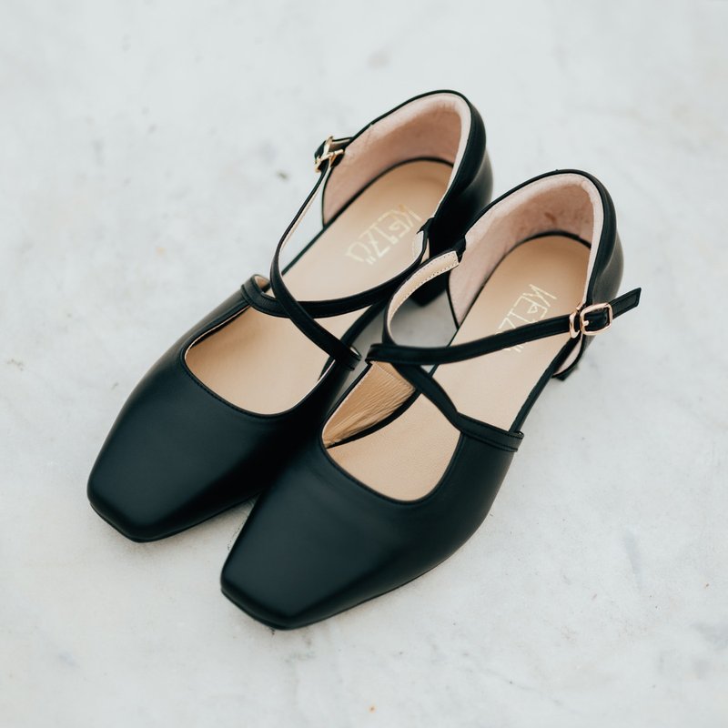 Lambskin cross-lace 3.5 cm low heels | Black - รองเท้าส้นสูง - หนังแท้ สีดำ