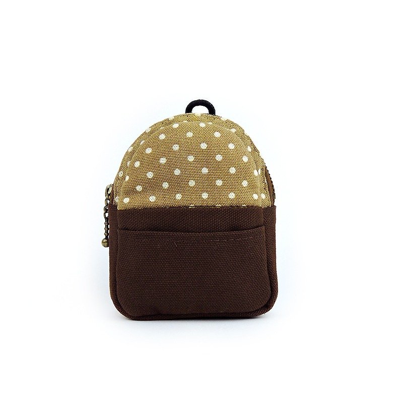 Mini backpack hand sewing purse (coffee little) - กระเป๋าใส่เหรียญ - ผ้าฝ้าย/ผ้าลินิน สีนำ้ตาล