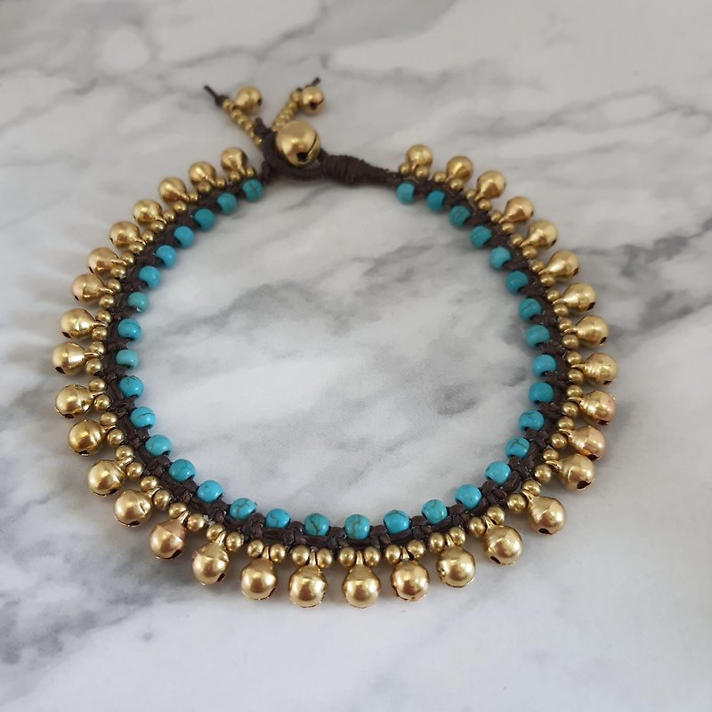 Turquoise Boho Brass Bells Ankle Bracelet, Gypsy Foot Jewelry Wearing Beautiful - 腳鍊/腳環 - 棉．麻 藍色