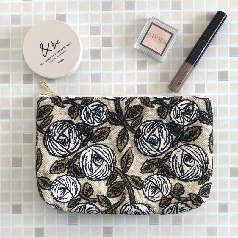 mina perhonen rosy rose pattern cosmetic pouch with pocket makeup bag embroidered flower bag beige popular pattern - Toiletry Bags & Pouches - Cotton & Hemp Yellow