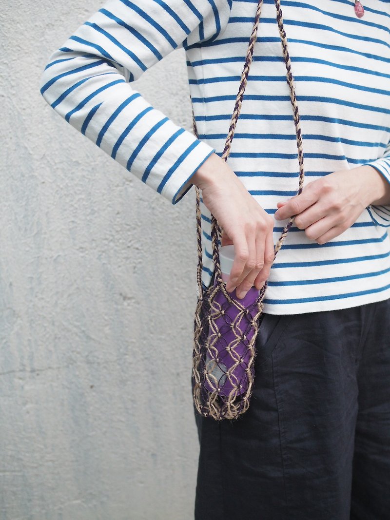 Hand-woven water bottle bag | Shoulder - ถุงใส่กระติกนำ้ - ผ้าฝ้าย/ผ้าลินิน สีม่วง