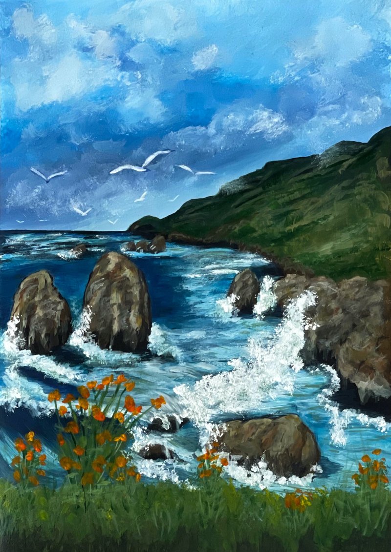 Seascape. Rocky coast. Gouache. - ตกแต่งผนัง - กระดาษ 