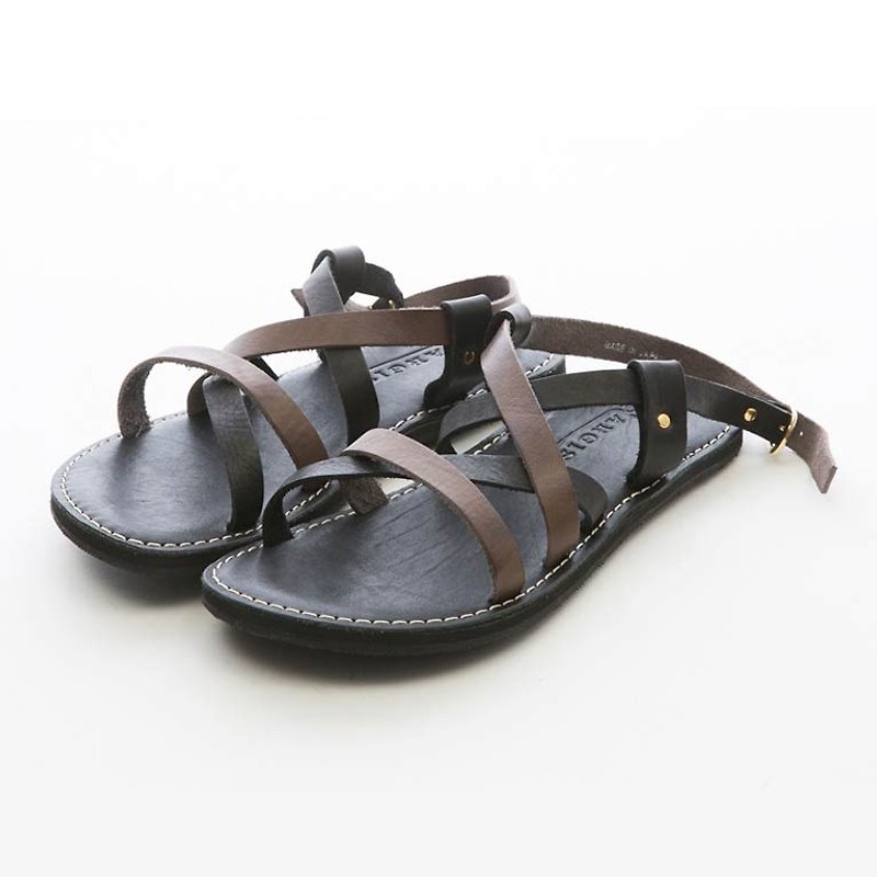 ARGIS Vibram two-tone leather Roman sandals #33125 black/grey - Japanese handmade - Men's Leather Shoes - Genuine Leather Black