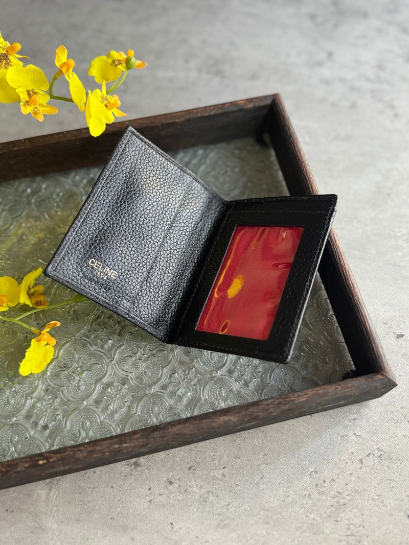 Vintage Luxury Celine Pebbled Leather Card Holder Wallet Gift Unisex - ที่เก็บนามบัตร - หนังแท้ สีดำ