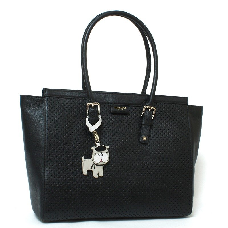French Bulldog Perforated Leather Tote - Handbags & Totes - Genuine Leather Black