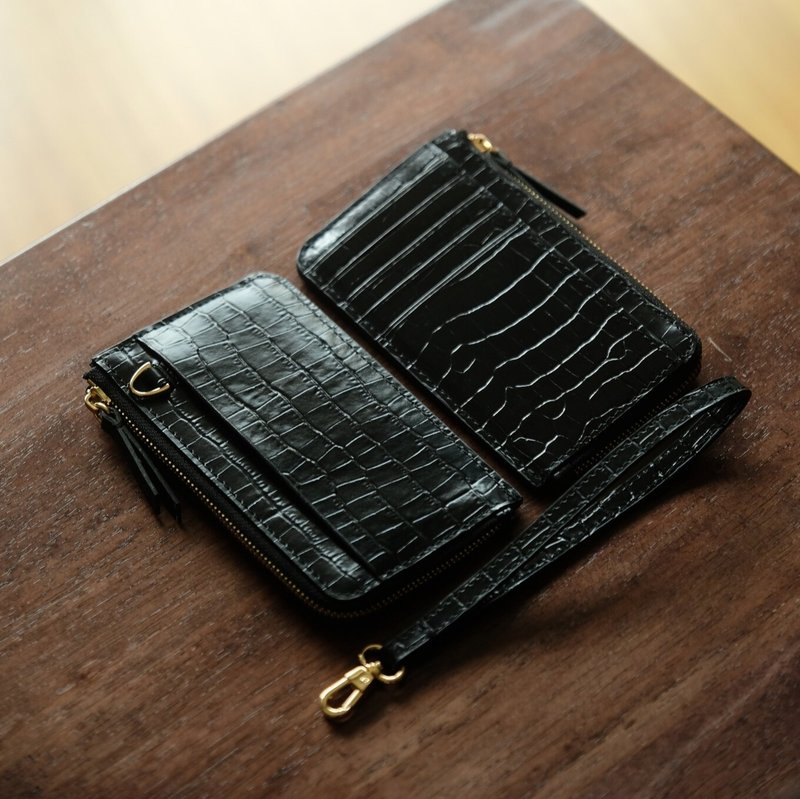 L-Zippy Card holder wallet / coin purse  (ฺBlack-Croco EMB) - กระเป๋าสตางค์ - หนังแท้ สีดำ