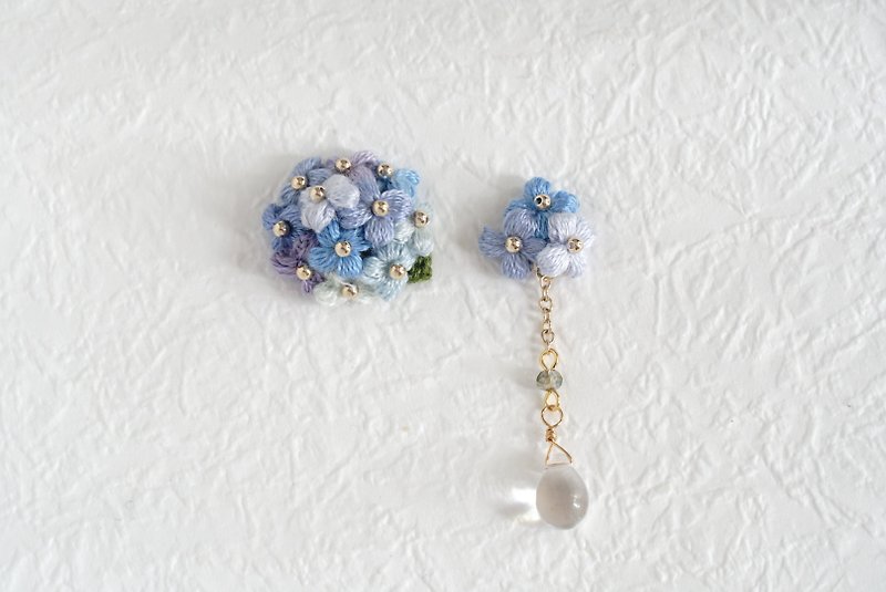 hydrangea Embroidery thread crochet earrings - ต่างหู - งานปัก สีน้ำเงิน