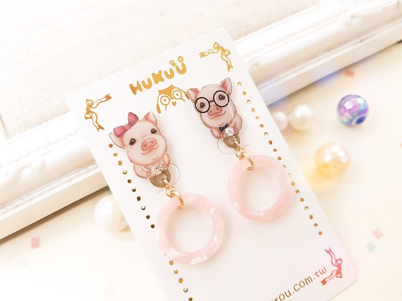 Illustrator style. Wenqing Piglet Pink Bubble Earrings - ต่างหู - วัสดุกันนำ้ 