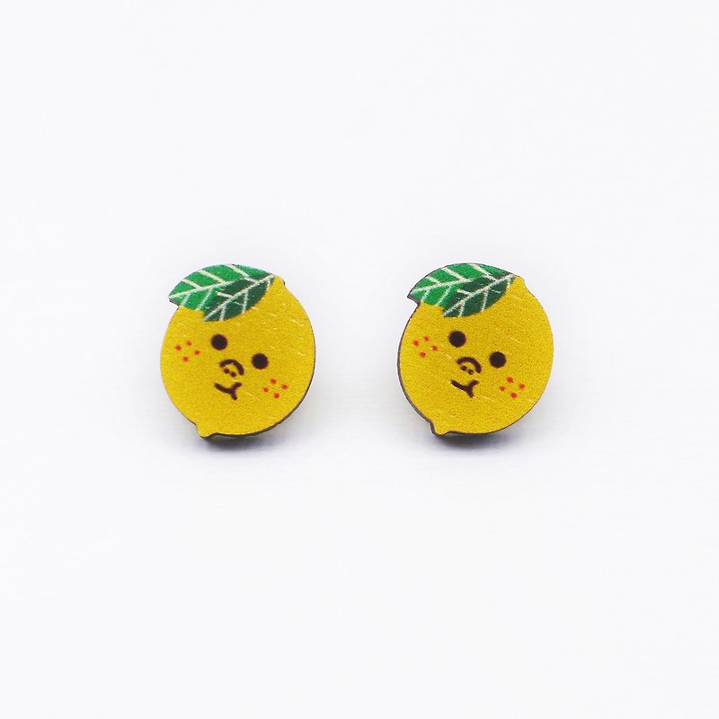 Little Lemon Printed Wooden Earrings - ต่างหู - ไม้ สีเหลือง