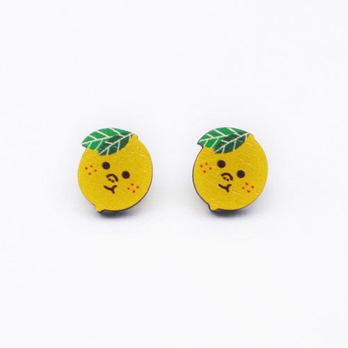 Minifanfan Little Lemon 小檸檬木製耳環 原創插畫耳環 耳針無耳洞耳夾