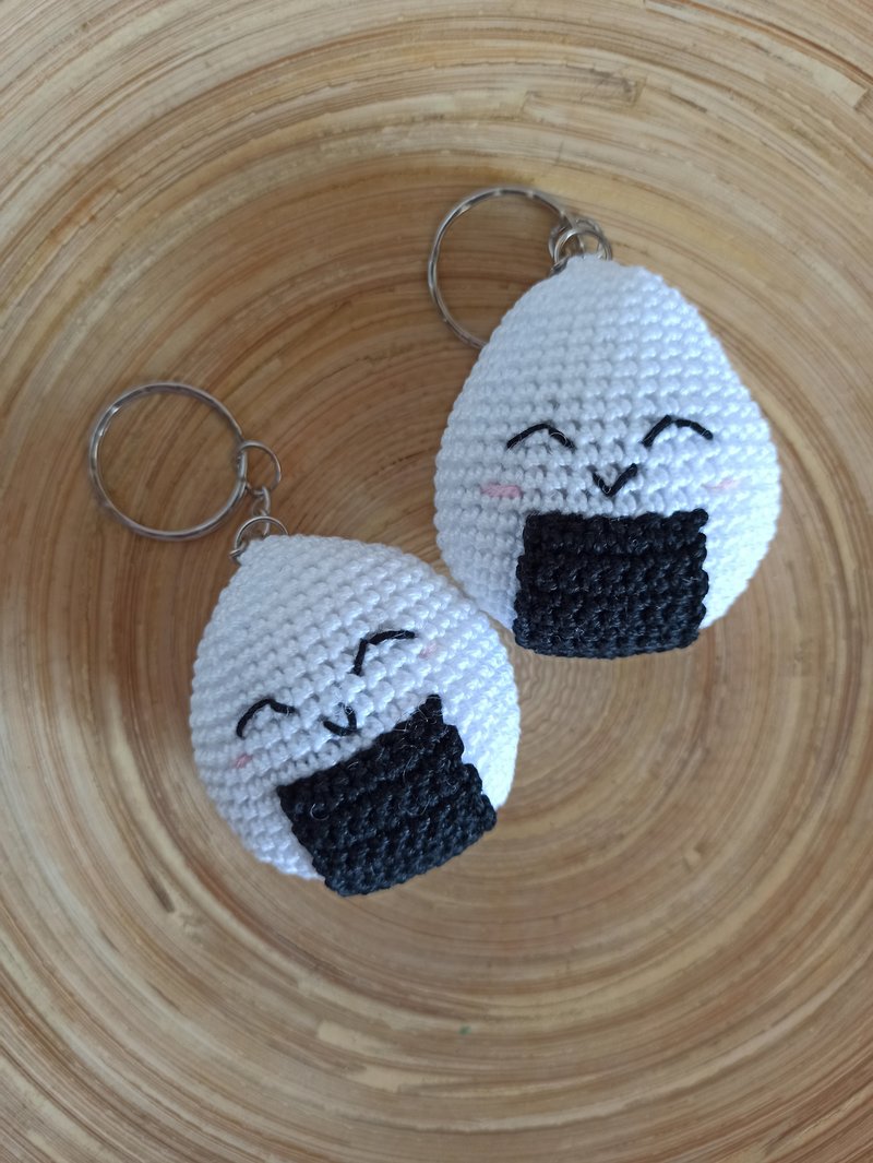 Crochet keychain rice ball, amigurumi toy, cute bag charm,mini toys, - 鑰匙圈/鑰匙包 - 棉．麻 多色