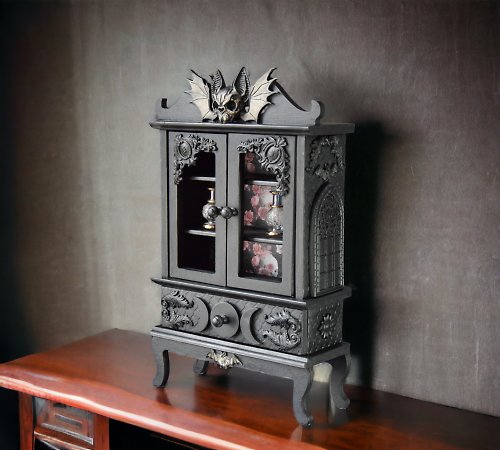 HelenRomanenko Gothic Black furniture The Occultist's Cabinet bat skull Apothecary Skeleton Box