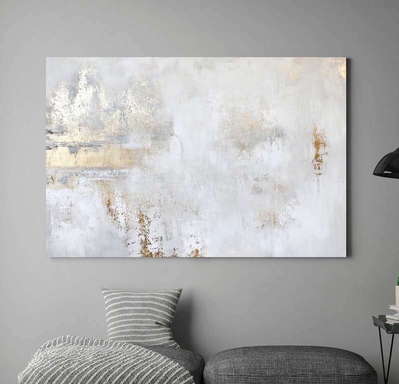 White and gold painting | gold abstract wall art | white and gold art |Cascade 9 - 壁貼/牆壁裝飾 - 棉．麻 白色