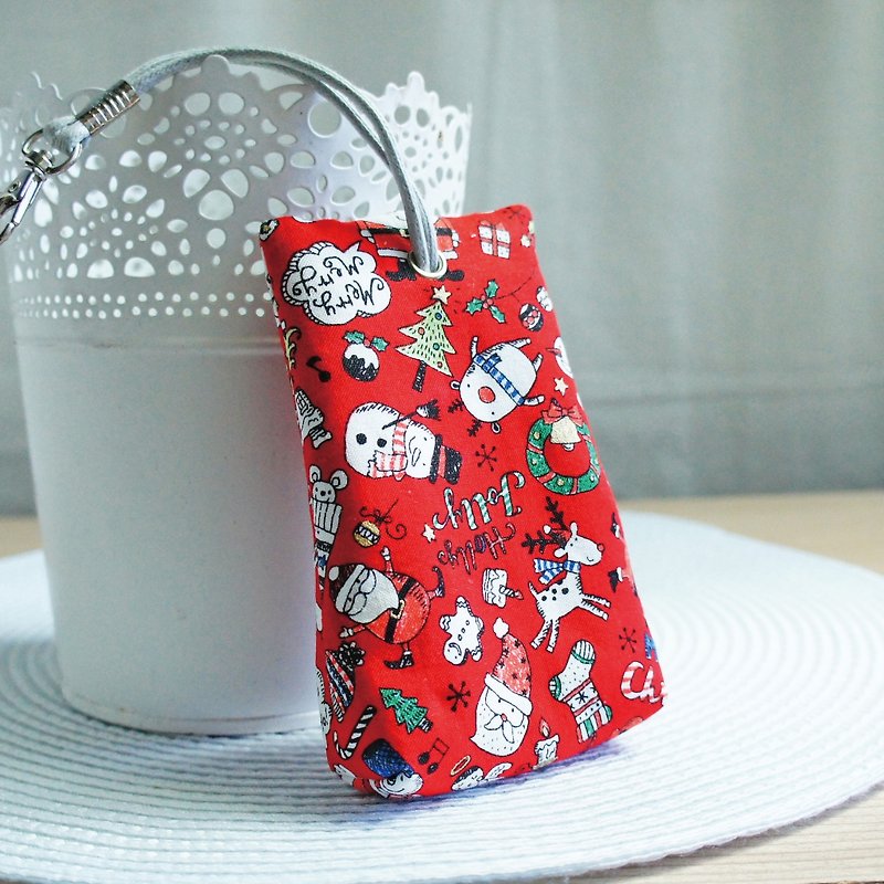 Lovely【日本布】歡樂聖誕立體茶包拉鍊鑰匙包、ID感應卡可用、紅 - 鑰匙圈/鎖匙扣 - 棉．麻 紅色