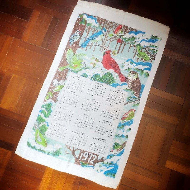 1972年初期のアメリカの布カレンダーの鳥 - ウォールデコ・壁紙 - コットン・麻 多色