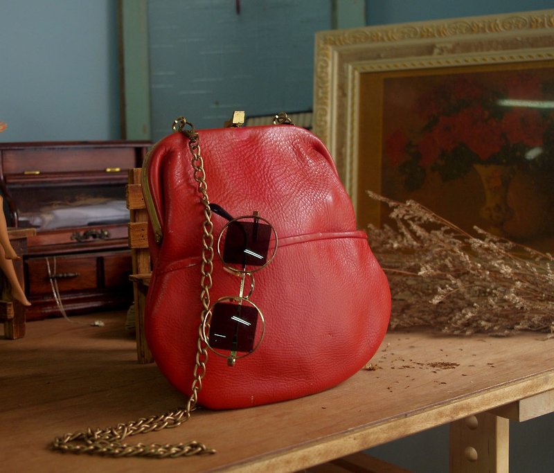 4.5studio-Nordic ancient antique bag - retro red mouth gold chain package - กระเป๋าแมสเซนเจอร์ - หนังแท้ สีแดง