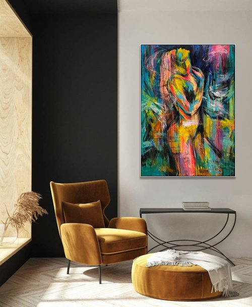 大きな抽象的な女性像の絵画 大胆でカラフルな壁アート 感情的で活気の