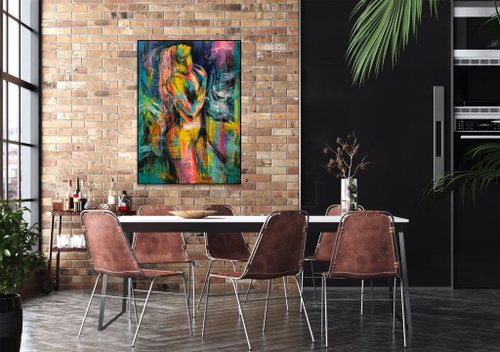 大きな抽象的な女性像の絵画 大胆でカラフルな壁アート 感情的で活気の