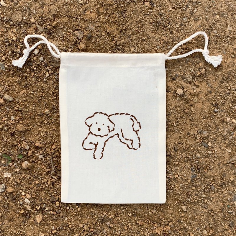 Mori Screen printed drawstring pouch - 化妝包/收納袋 - 棉．麻 咖啡色