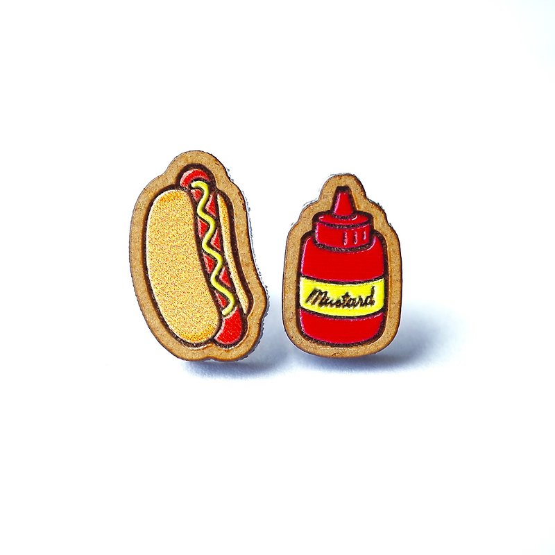 彩繪木耳環- 熱狗堡&芥末醬 - 耳環/耳夾 - 木頭 多色