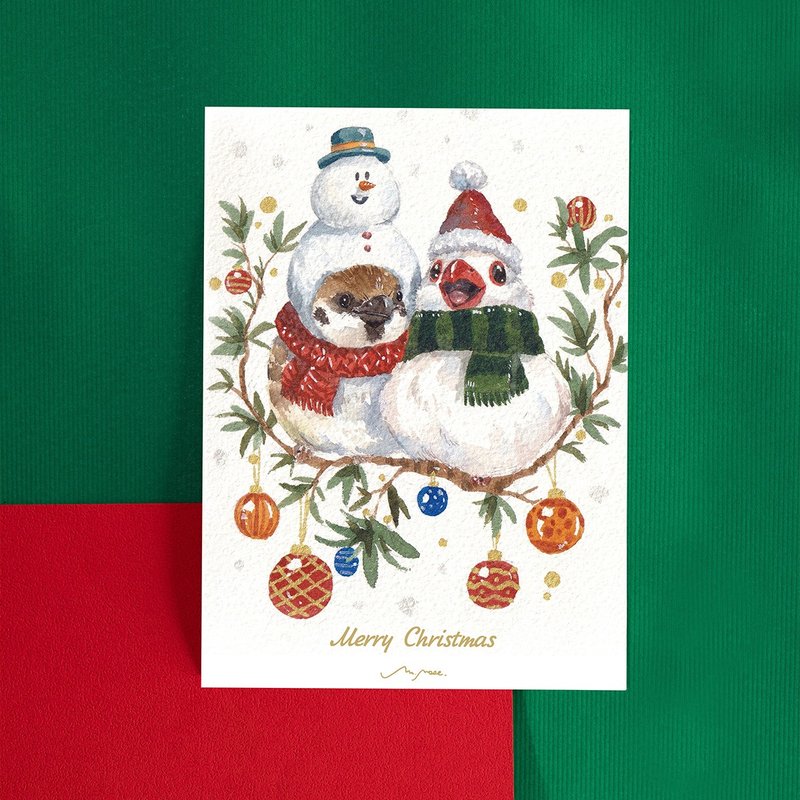 Christmas Munia and Snowman Sparrow/Postcard - Cards & Postcards - Paper White