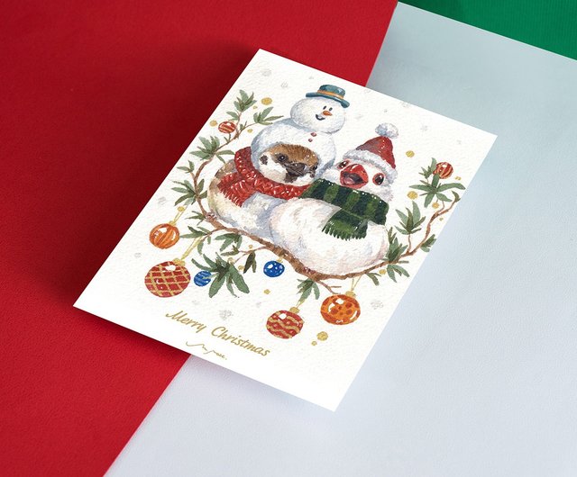 クリスマス文鳥と雪だるま雀 / ポストカード - ショップ Mr.nose
