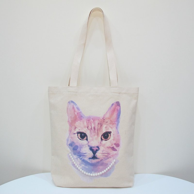 Exchanging gifts - handmade stereo stitching canvas shoulder bag tote bag - pearl lady cat - กระเป๋าแมสเซนเจอร์ - ผ้าฝ้าย/ผ้าลินิน ขาว