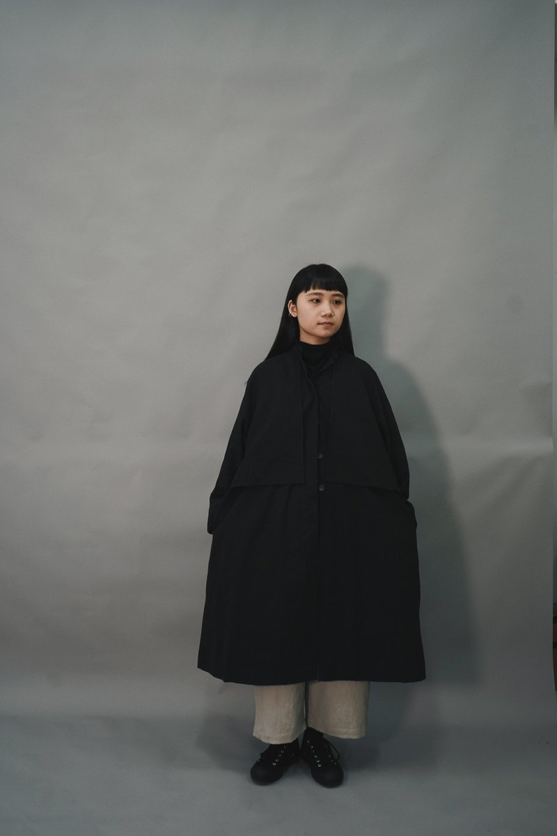 Long collar jacket - black - เสื้อแจ็คเก็ต - ผ้าฝ้าย/ผ้าลินิน สีดำ