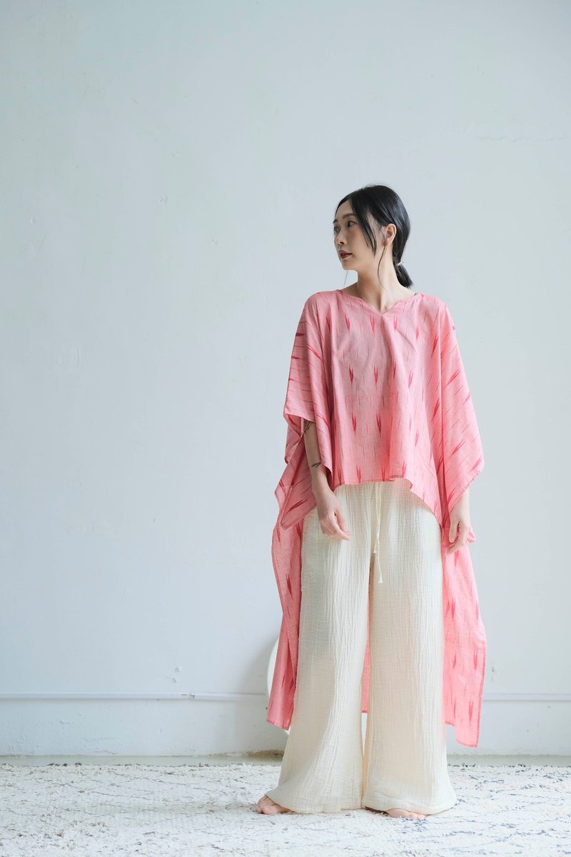 OMAKE 前短後長寬版洋裝上衣 / Ikat 草莓聖代 - 洋裝/連身裙 - 棉．麻 紅色