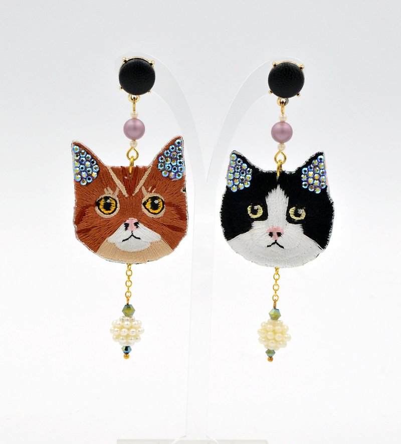 TIMBEE LO Embroidered Kitty Embellished Crystal Ear Earrings - Earrings & Clip-ons - Thread Brown