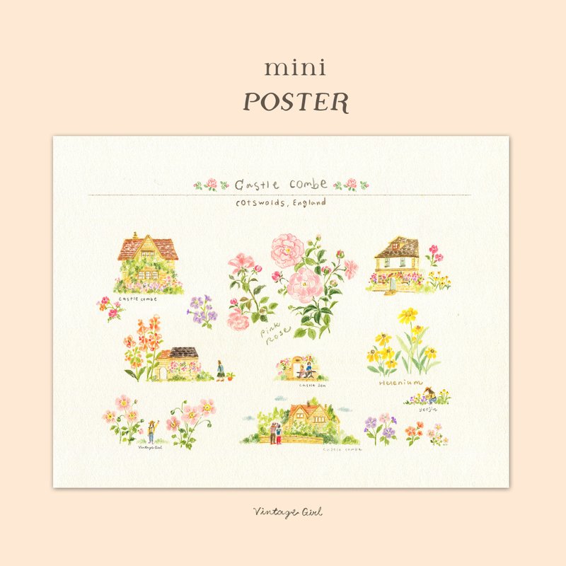 Castle Combe Mini Poster – Colored Pencil Illustration from the Cotswolds - Posters - Paper Yellow