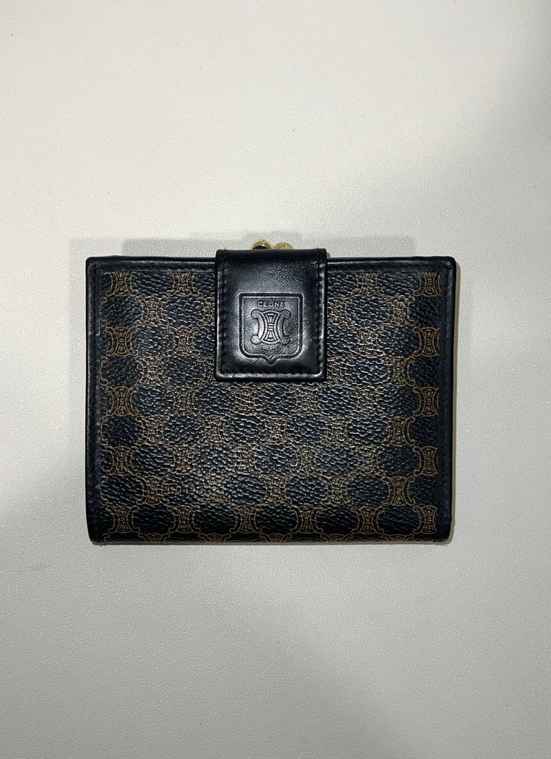 Celine黑色凱旋門短夾皮革銀包錢包 日本中古Vintage - 錢包/皮夾/長短夾 - 真皮 黑色