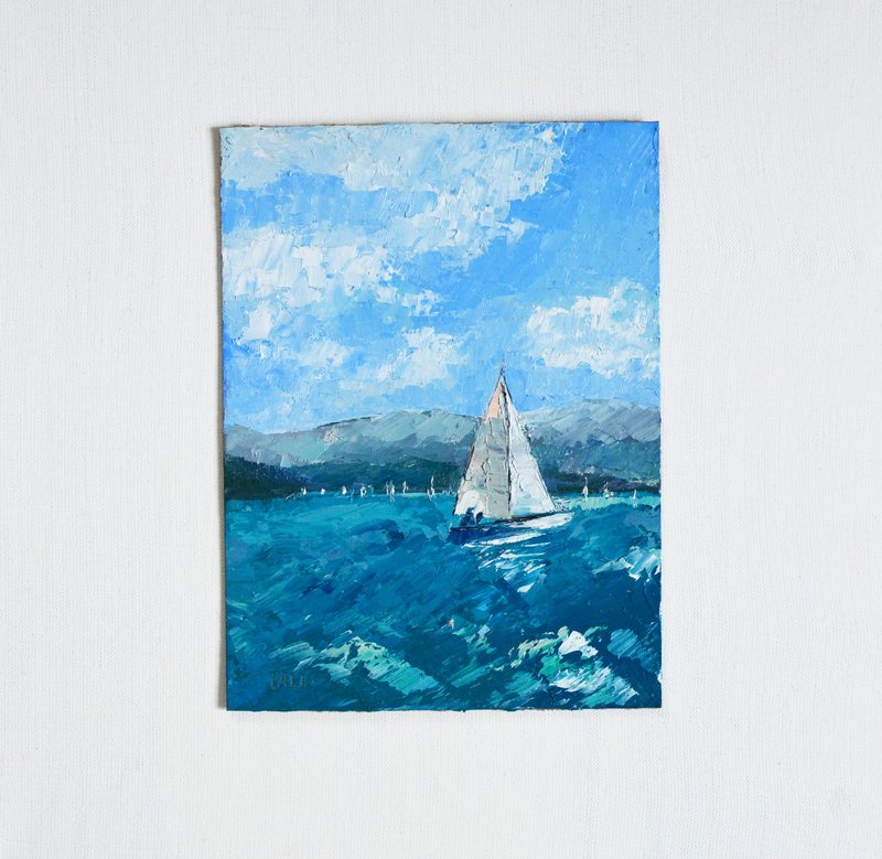 ภาพวาดเรือใบ ภาพวาดริมทะเล งานศิลปะต้นฉบับ ภาพสีน้ำมัน ศิลปะซีสเคป Sea - โปสเตอร์ - วัสดุอื่นๆ สีน้ำเงิน