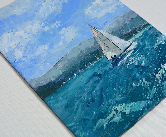 ヨットの絵海辺の絵オリジナルアート油絵海景アート海 - ショップ 