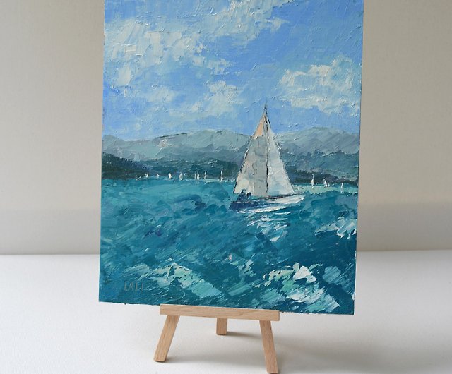 ヨットの絵海辺の絵オリジナルアート油絵海景アート海 - ショップ 