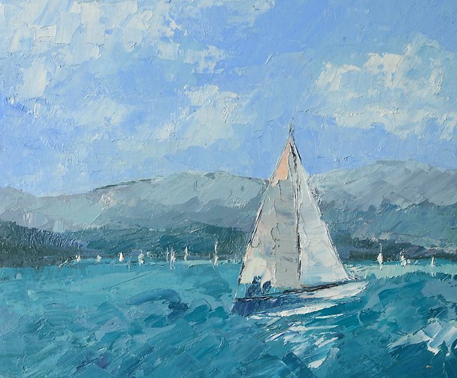 ヨットの絵海辺の絵オリジナルアート油絵海景アート海 - ショップ