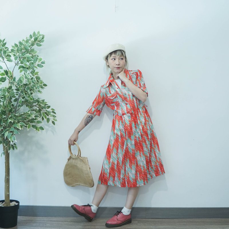 古著｜日系｜60s紅色經典格紋翻領混紡古著洋裝 - 洋裝/連身裙 - 棉．麻 紅色