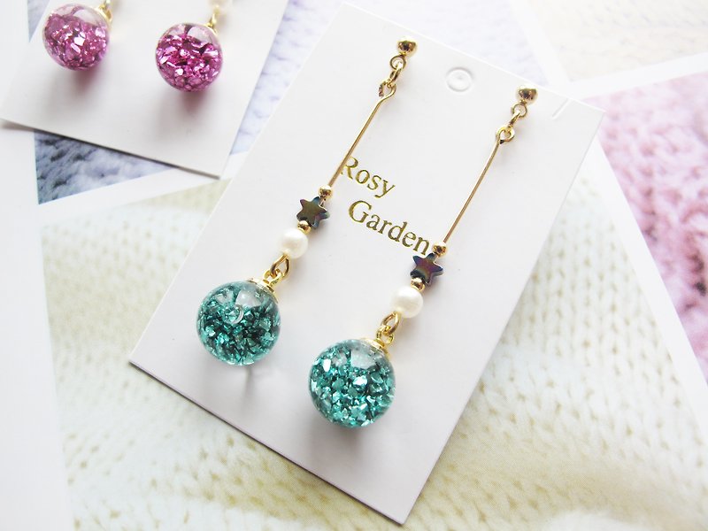 Rosy Garden rocks pieces with water inside glass ball earrings - Earrings & Clip-ons - Glass Pink
