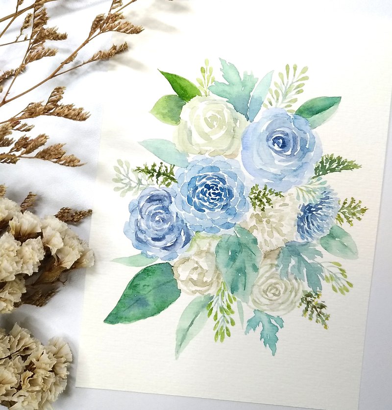 Bouquet Wreath Wedding Flower Painting Card Framed Art - ภาพวาดบุคคล - กระดาษ หลากหลายสี