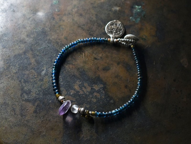 Indigo blue mix antique beads and drops ancient amethyst, ancient crystal, old Indian Silver charm, old Chinese Silver and Orissa brass delicate bracelet - สร้อยข้อมือ - แก้ว สีน้ำเงิน